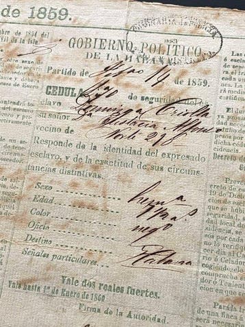 Manuscrito - Esclavo cédula identidad. Habana, España