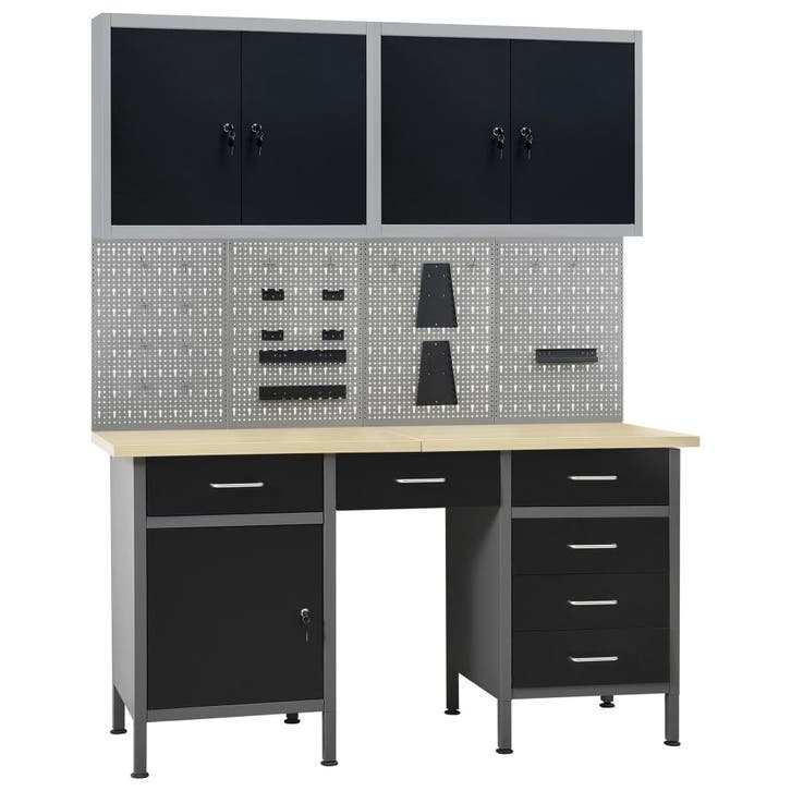 vidaXL Werkbank met vier wandpanelen en twee kasten, Doe-het-zelf en Bouw, Werkbanken, Nieuw, Verzenden