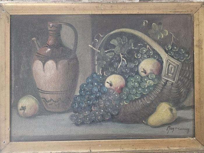 Europese school (XX) - Natura moarta: Cos cu fructe langa un, Antiquités & Art, Art | Peinture | Classique