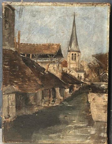 Franse school (XIX) - Paysage dune place du village avec
