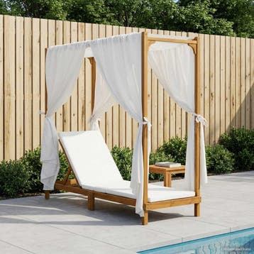 vidaXL Enkele zonnebed met luifel en gordijnen Massief, Tuin en Terras, Verzenden, Nieuw