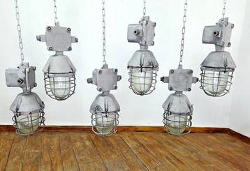 Plafondlamp - Glas, Aluminium - Een set van zes industriële, Antiek en Kunst