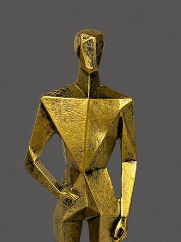 sculptuur, Kubistisch sculptuur man met hond - 16 cm - Hars