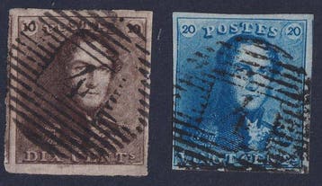 België 1849 - Epauletten 10c Bruin en 20c Blauw - OBP/COB, Gestempeld
