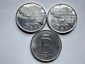 Belgique. Baudouin. 250, 500 Francs Lot 3 pièces (Sans prix