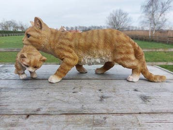 Beeld, garden statue 50 cm long cat with kitten - 20 cm -