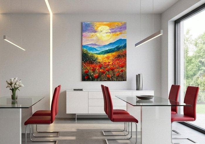 Yuni R. P - El Valle Ardiente de Amapolas y el Ocaso Púrpura, Antiek en Kunst, Kunst | Designobjecten