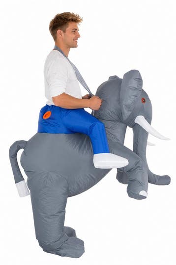 KIMU® Opblaas Kostuum Zittend Op Olifant Opblaasbaar Pak Oli, Ophalen of Verzenden