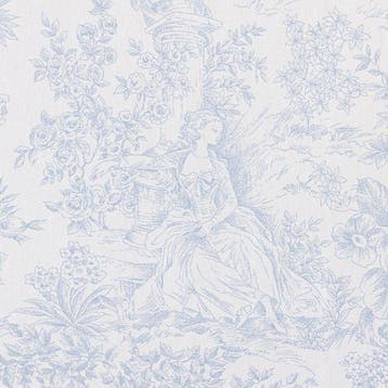 Stof Toile de Jouy azuurblauw - Meubelstof - 250 cm - 280 cm