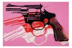 Andy Warhol - “Gun, 1981-1982 (black, white, red on pink)”.