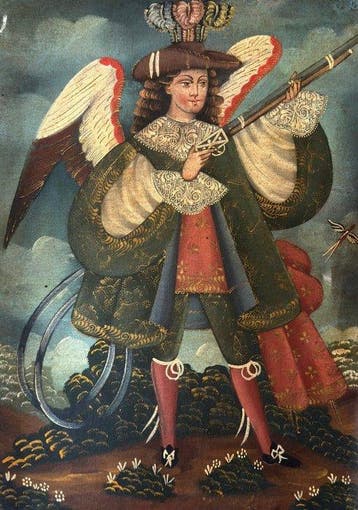 School of Cuzco (XIX-XX) - Arquebusier Angel with Plumed Hat