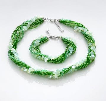 Zesrijige ketting & armband met aventurijn & kristallen -