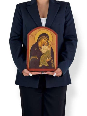 Icoon - Onze-Lieve-Vrouw van Tederheid - Hout - 29 × 19 cm, Antiek en Kunst