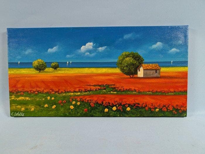 Chantal Loville (XX) - Casa in campagna, Antiquités & Art, Art | Peinture | Classique