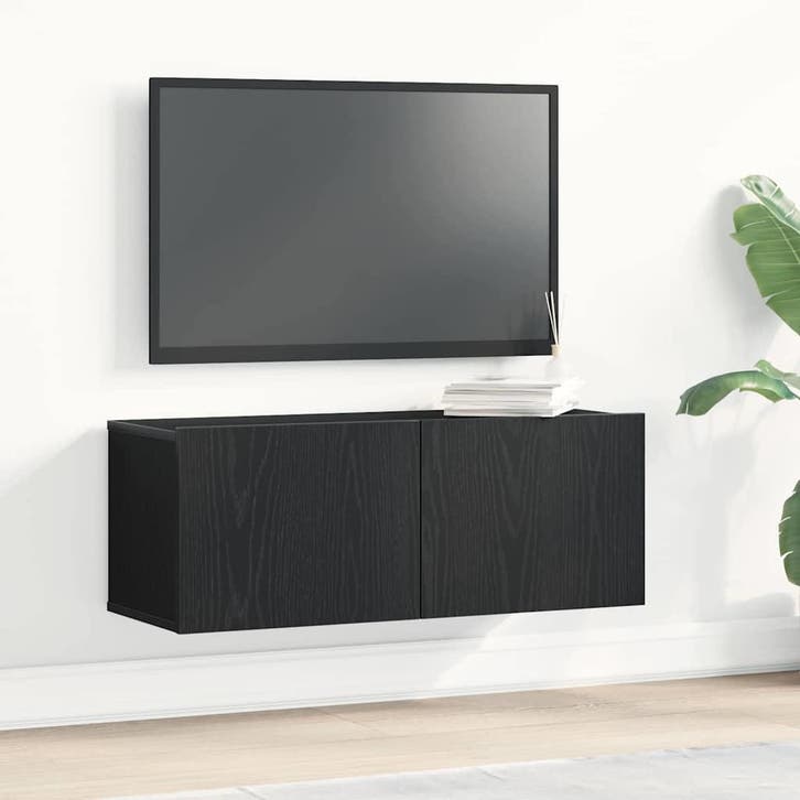 vidaXL TV Kast 2 pcs Zwart Eiken 80 x 30 x 30 cm Bewerkt, Huis en Inrichting, Kasten |Televisiemeubels, Nieuw, Verzenden