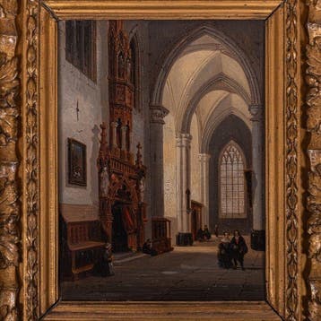 Schilderij kerkinterieur, De Cauwer 1855 - Hout - 1850-1900