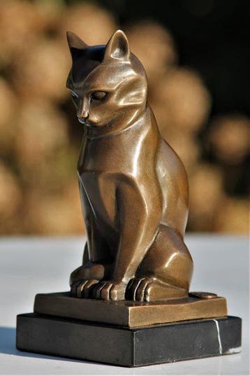 Beeld, art deco kat - 15 cm - marmer en brons