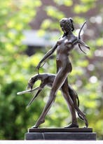 Statue, diana met windhond - 32 cm - marbre bronze