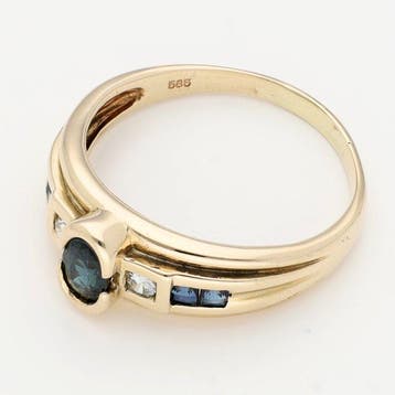 Bague - 14 carats Or jaune - Diamant - Saffier, Handtassen en Accessoires, Ringen, Nieuw