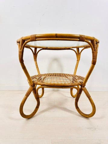 Salontafel - Rattan en glas met textuur bijzettafel - Hout,