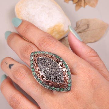 Victoriaanse Marquise Zwarte Diamant Ring | Sterling Zilver
