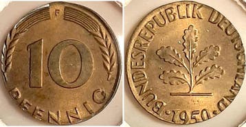 Duitsland Fehlpraegung 10 Pfennig 1950 F auf 5 Pfennig Ro..., Verzenden
