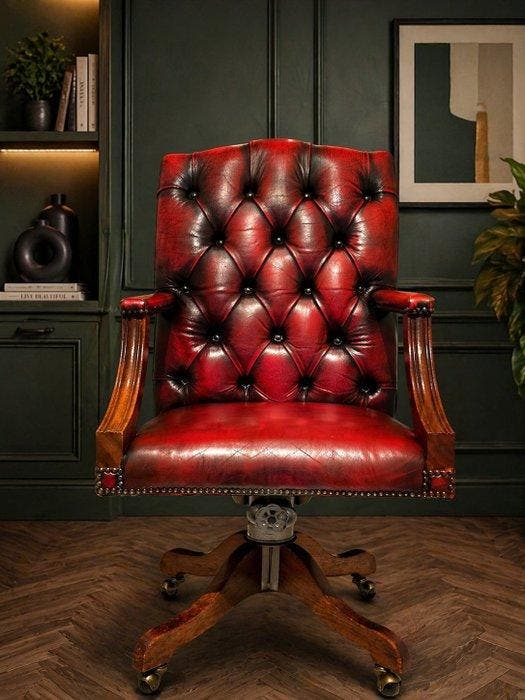 “HILLCREST REGD TRADE MARK - Chaise de bureau - Cuir, Bois,, Antiquités & Art, Curiosités & Brocante