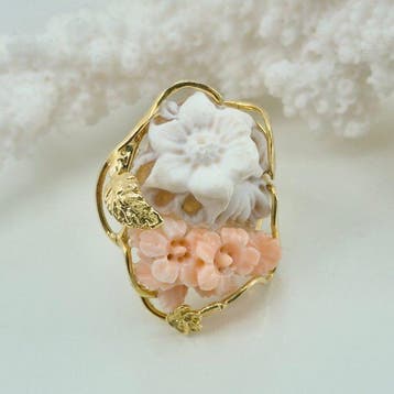 Koraal - Zilver, Verguld - Ring - Roze koraal en camee