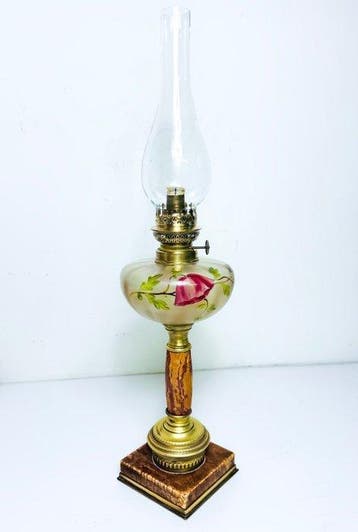 France - Lampe à pétrole - Verre, Laiton, Pierre, Antiquités & Art