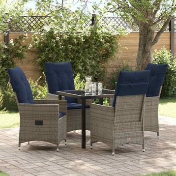 vidaXL Tafel en stoelen set met kussen 5 pcs Grijs PE Riet, Tuin en Terras, Verzenden, Nieuw