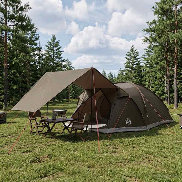 vidaXL Huisje Tent met dak Bruin grijs 8-persoons Polyester, Caravanes & Camping, Tentes, Envoi