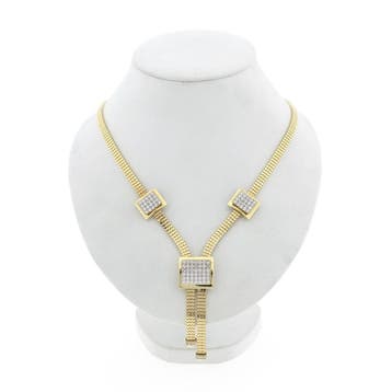 Gouden platte slangenschakel collier met zirconia (Ketting), Handtassen en Accessoires, Kettingen, Gebruikt, Ophalen of Verzenden