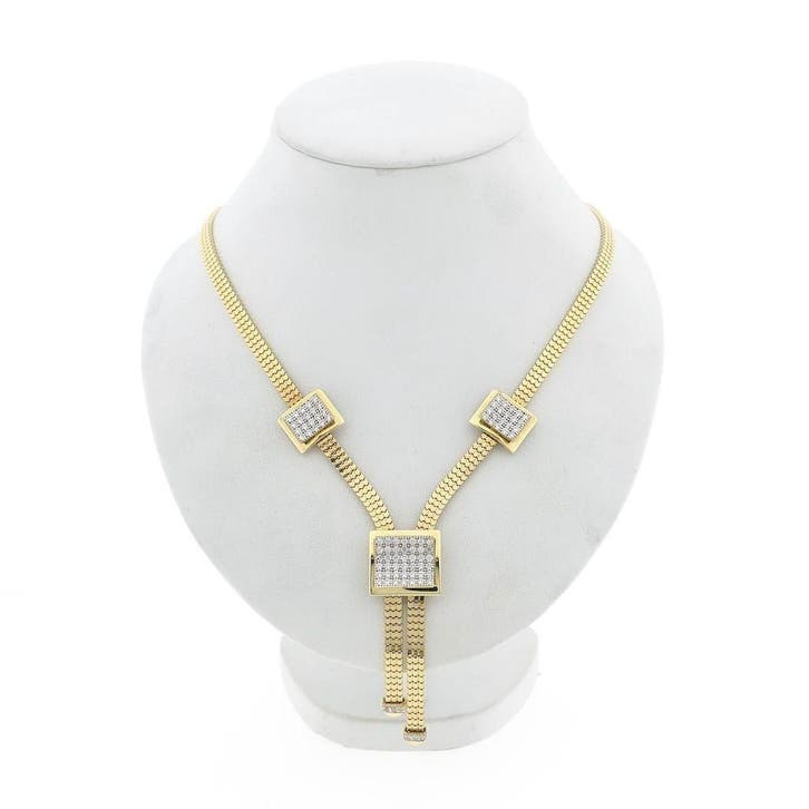 Gouden platte slangenschakel collier met zirconia (Ketting), Handtassen en Accessoires, Kettingen, Goud, Gebruikt, Met edelsteen