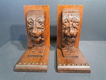 Boekensteunen - Hout - Boekensteunen leeuwen, Antiek en Kunst