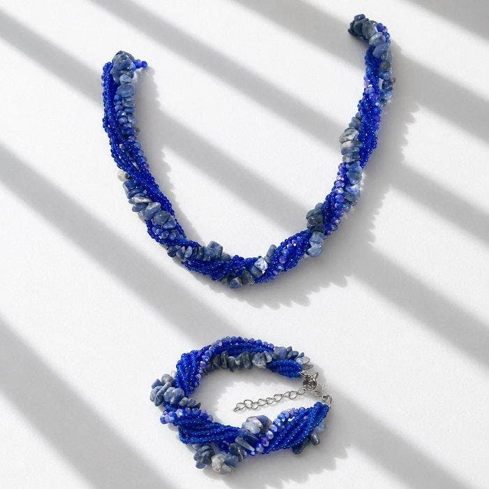 Zesstrengige ketting & armband met sodaliet & kristallen -, Verzamelen, Mineralen en Fossielen