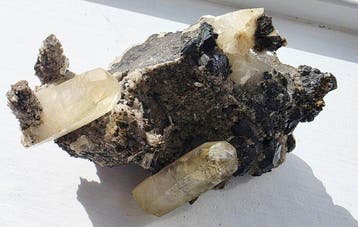 Galena met calciet en pyriet Kristal op matrix - Hoogte: 11