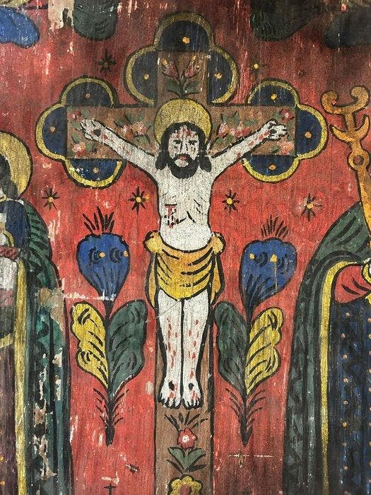 Icoon - Kruisiging met de Maagd en een heilige bisschop -, Antiquités & Art, Art | Art non-occidental