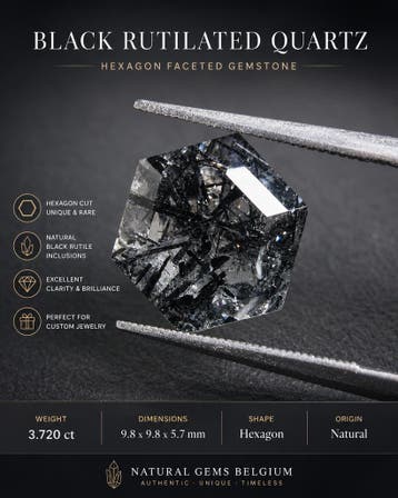 Natural Black Rutilated Quartz Hexagon Cut – 3.720 ct | Uniq, Handtassen en Accessoires, Overige Accessoires, Verzenden, Nieuw