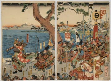 Nitta Yoshisada die zijn gouden zwaard in de zee smeet bij