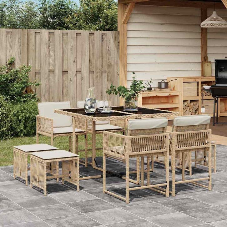 vidaXL 9-delige Tuinset met kussens poly rattan beige, Tuin en Terras, Tuinsets en Loungesets, Tuinset, Nieuw, Verzenden