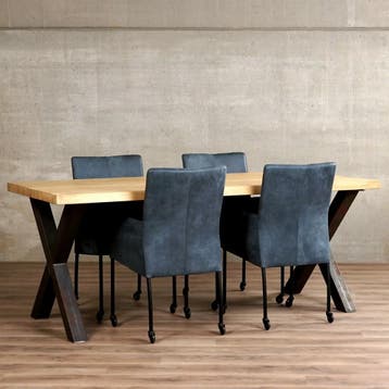 Set van 4 blauwe leren eetkamerstoelen - met wieltjes en, Ophalen of Verzenden