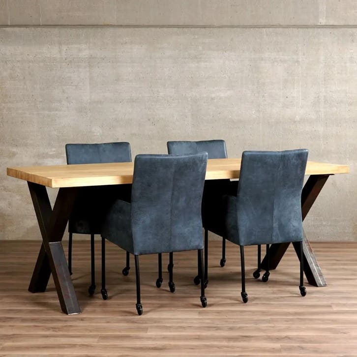 Set van 4 blauwe leren eetkamerstoelen - met wieltjes en, Huis en Inrichting, Stoelen, Nieuw, Eén, Ophalen of Verzenden