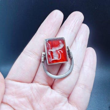 Zilver Ring - Indiase Rode Agaat Signet (Zonder, Antiquités & Art