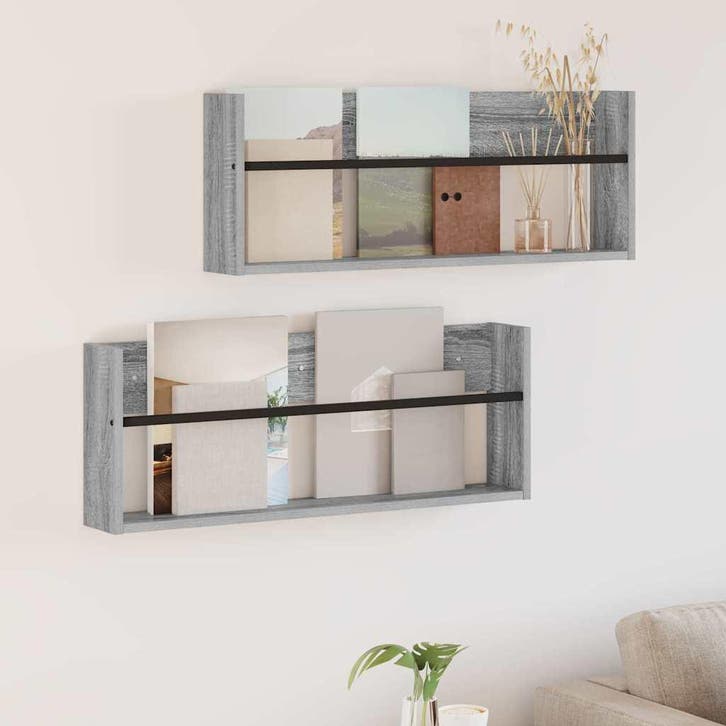 vidaXL Tijdschriftenrek 2 st Grijs Sonoma 80 x 12 x 30 cm, Huis en Inrichting, Woonaccessoires | Krantenbakken en Lectuurbakken