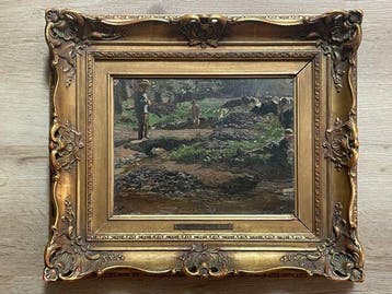 Hugo Mühlig (1854-1929) - Koeherders aan de rand van het bos