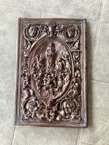 Relief - Vierge en gloire - 14 x 19 cm - Cuivre, Plaqué(e), Antiek en Kunst