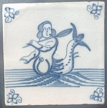 Antiek Tegel - Zeemeermin met spiegel - Delft,