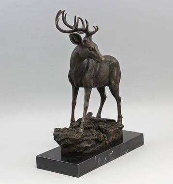 Beeld, Exclusief sculptuur van een bronzen hert 33 cm / 5.5
