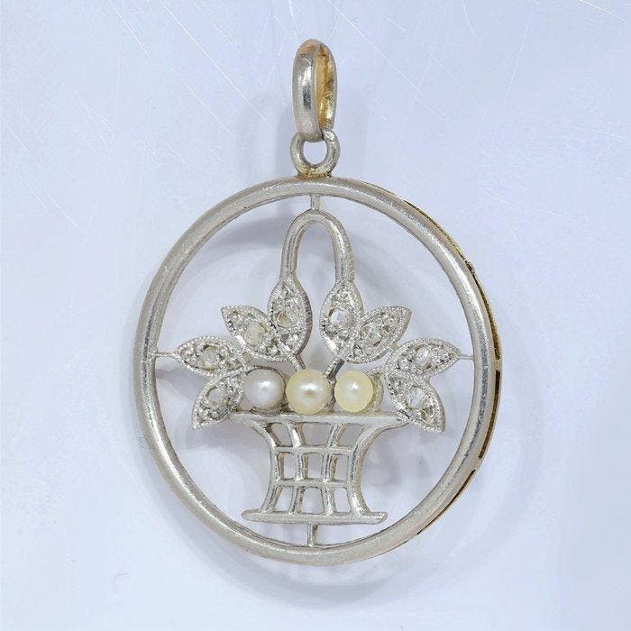 Hanger - 18 karaat Geel goud Diamant (Natuurlijk) - Parel -, Handtassen en Accessoires, Antieke sieraden
