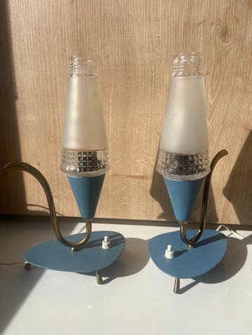 Lamp (2) - Messing, Glas, Metaal - Set van 2 fifties lampjes